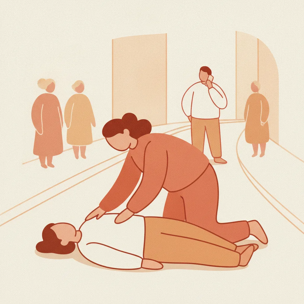 길에서 반응 없는 쓰러진 사람을 어깨로 두드려 반응을 확인하고 119에 신고하는 일반인의 심정지 초기 대응 장면<p style=