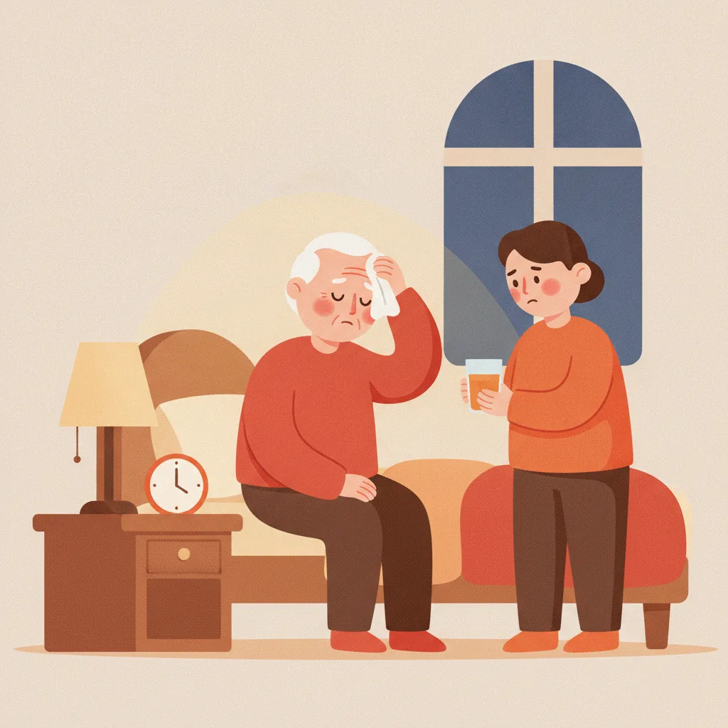 당뇨약 복용 중 밤 10시에 식은땀과 어지럼증이 나타난 환자가 보호자의 도움을 받고 있는 모습<p style=