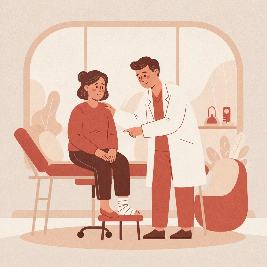 당뇨병 환자의 발가락 상처에서 진물이 나오는 증상을 진료 중에 의사가 검진하고 있는 모습<p style=