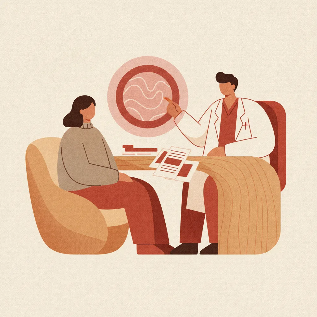 성상신경절차단술을 고려하는 환자가 의사와 함께 초음파 검사 결과를 검토하며 진단과 치료 방침을 상담하고 있다<p style=